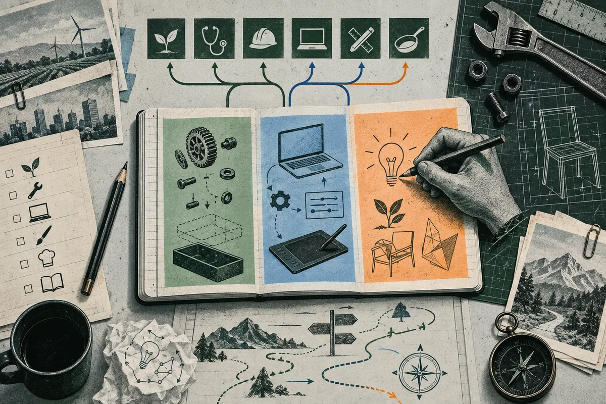An open notebook divides gears, a laptop, and a hand-drawn light bulb and plant across three colored panels, surrounded by tools, maps, a compass, and photographs.
