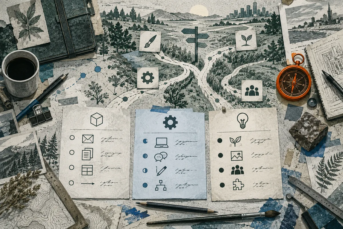 Three illustrated checklist sheets lie over a landscape map with a forked path, signpost, symbol cards, a compass, notebook, ruler, pens, and a cup.