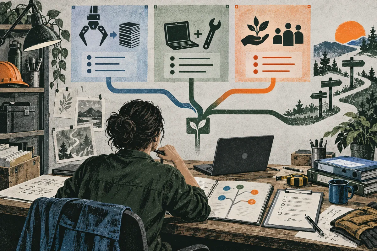 A seated person studies papers at a workbench with a laptop, tools, books, and a wall diagram of branching colored paths leading toward a mountain landscape.