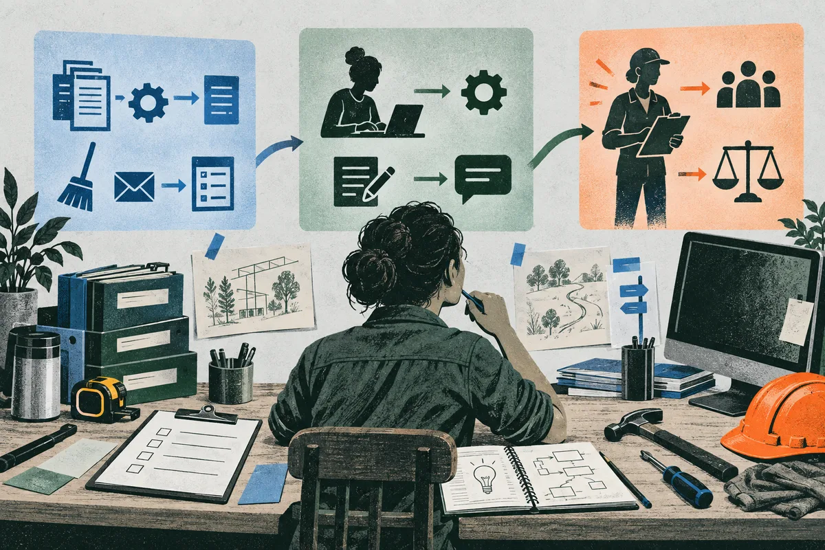 A seated person faces a wall of three colored diagram panels showing documents, computer work, tools, people, and scales; papers, tools, a monitor, and an orange hard hat cover the desk.