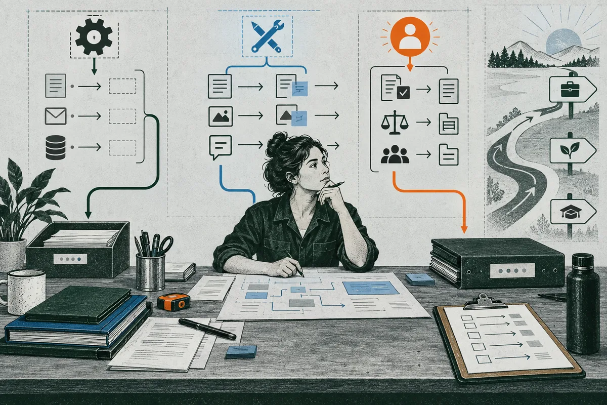 A person sits at a desk beneath three diagram panels with arrows linking documents, computer work, and human review, while a winding road and signposts appear on the right.