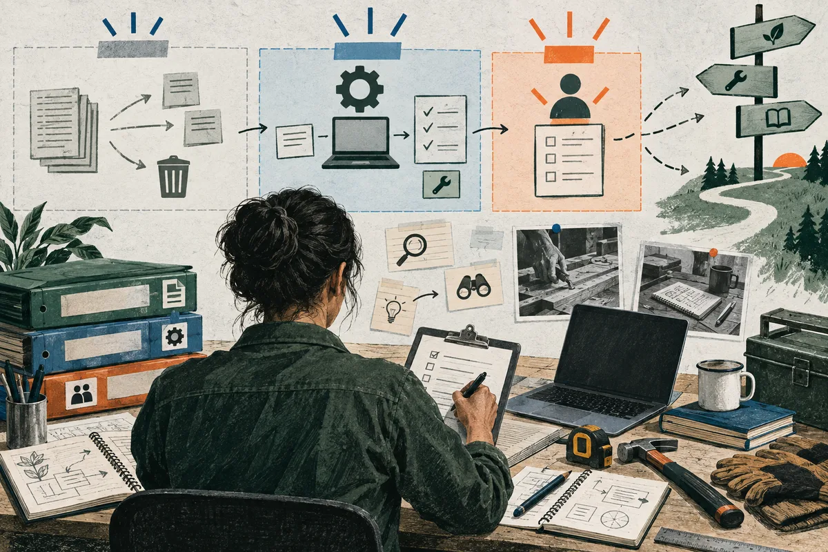 A seated person fills out a clipboard beside a laptop and hand tools, beneath diagram panels showing documents, a computer, a checklist, and a branching path with signposts.