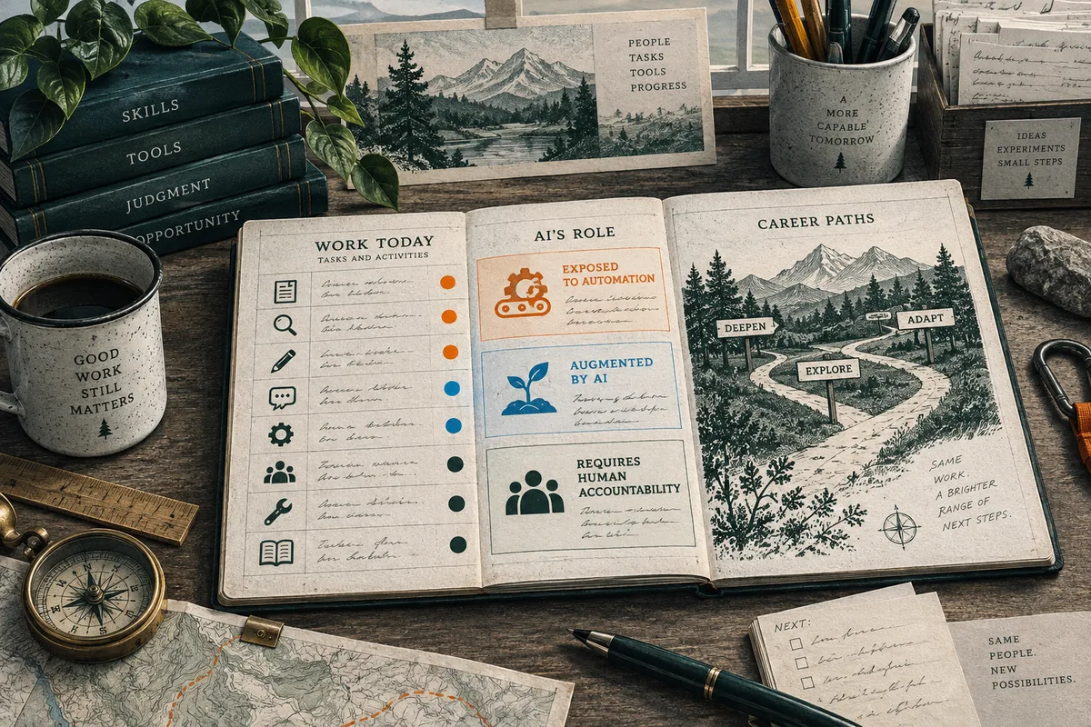 An open illustrated notebook compares a work task list with three AI roles—automation, augmentation, and human accountability—and shows a winding career path. Books, a mug, a compass, a map, and a pen sit on the desk.