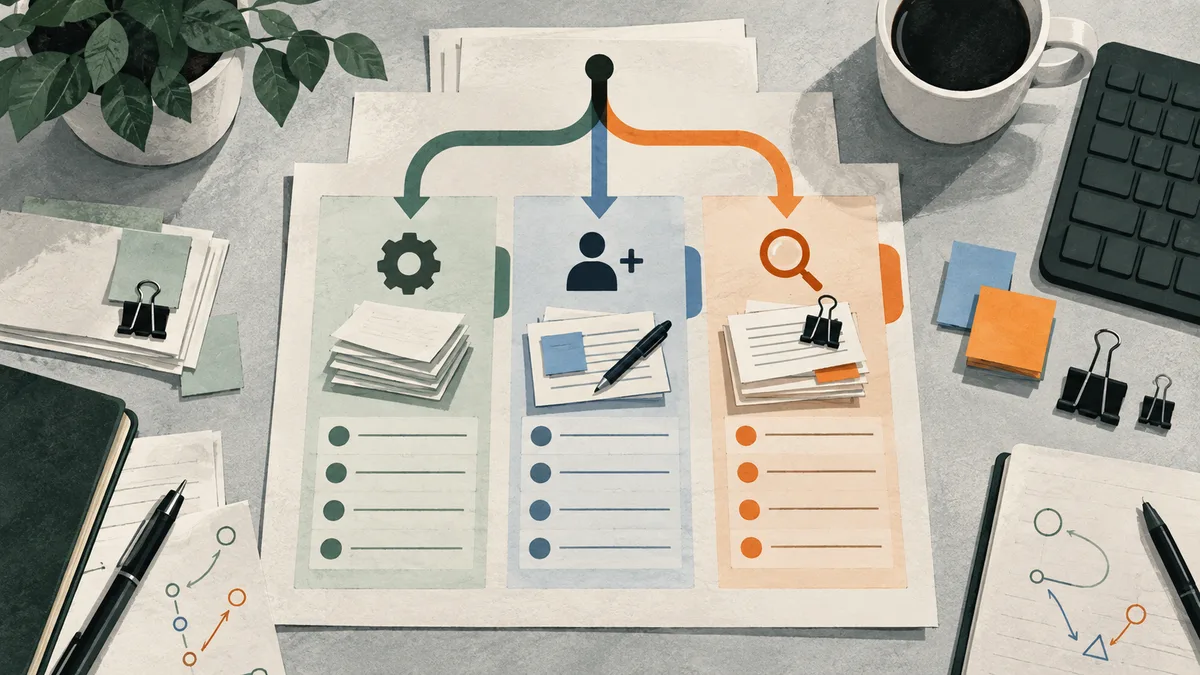 Three colored paper sheets show a gear, a person with a plus sign, and a magnifying glass, connected by green, blue, and orange arrows. Papers, pens, a plant, coffee, and a keyboard surround them on a desk.