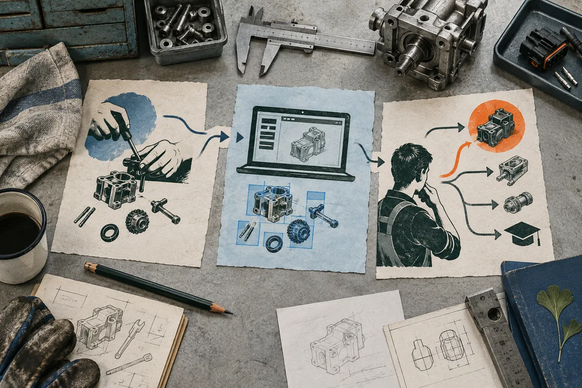 Three paper panels show hands assembling a metal part, a laptop with part diagrams, and a worker beside arrows branching toward machine parts and a graduation cap. Tools and sketches surround the panels.