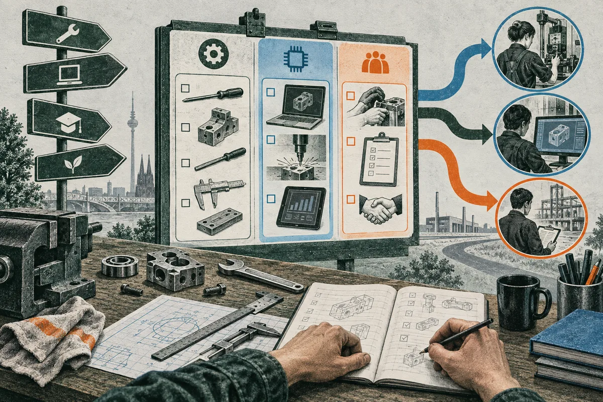 A large board groups tools, a laptop and chip, and hands-on work under three colored columns, with arrows leading to circular workshop scenes. In the foreground, hands sketch part diagrams in a notebook beside tools and signposts.