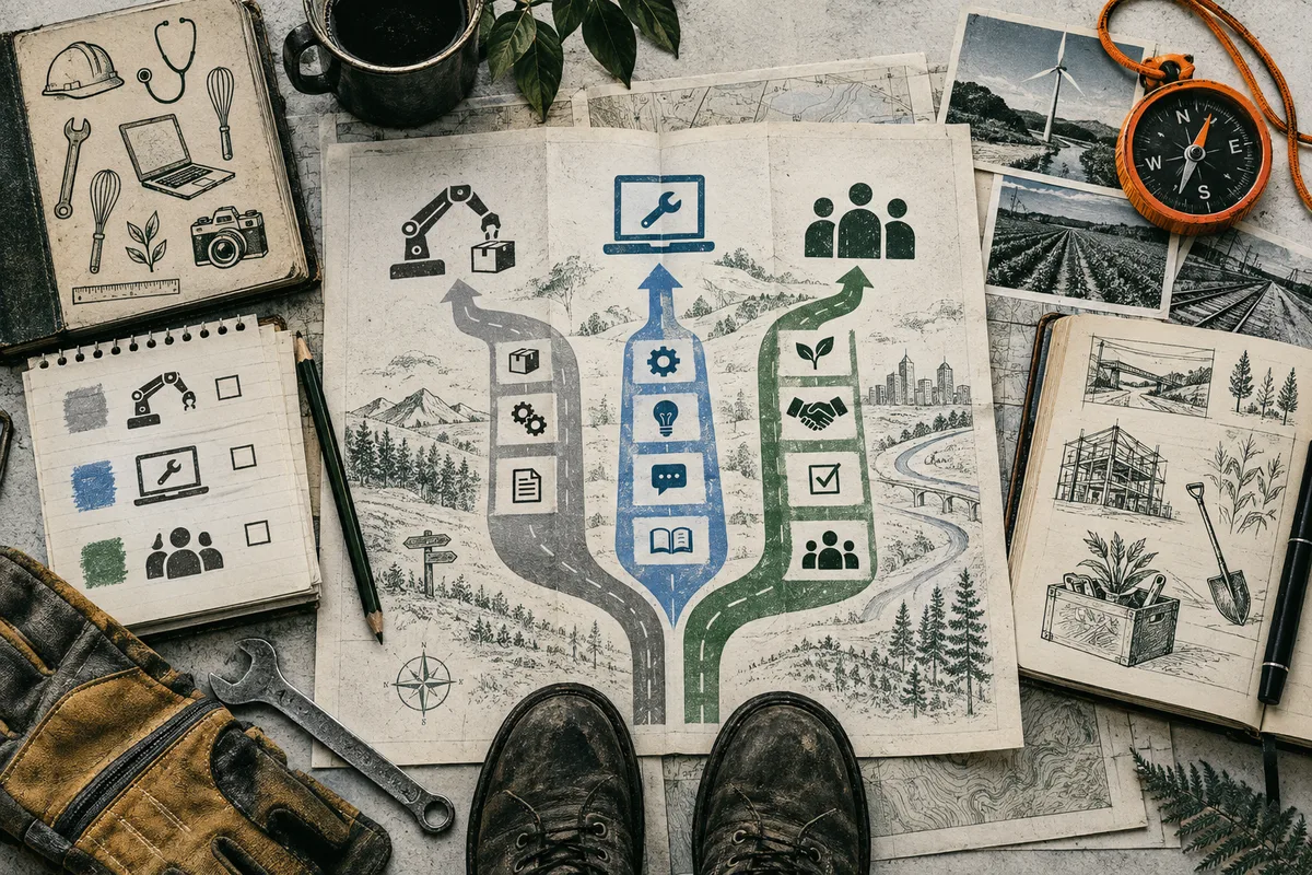 An illustrated map shows three branching paths marked with icons for a robotic arm, a computer tool, and people, surrounded by work tools, notes, and a compass.