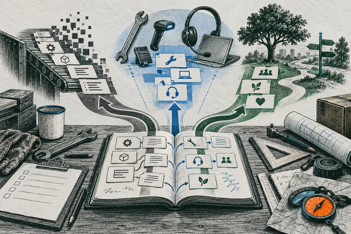 An open illustrated book of task icons sits on a workbench, with arrows branching toward a conveyor, tools, a computer, people, and a winding path.