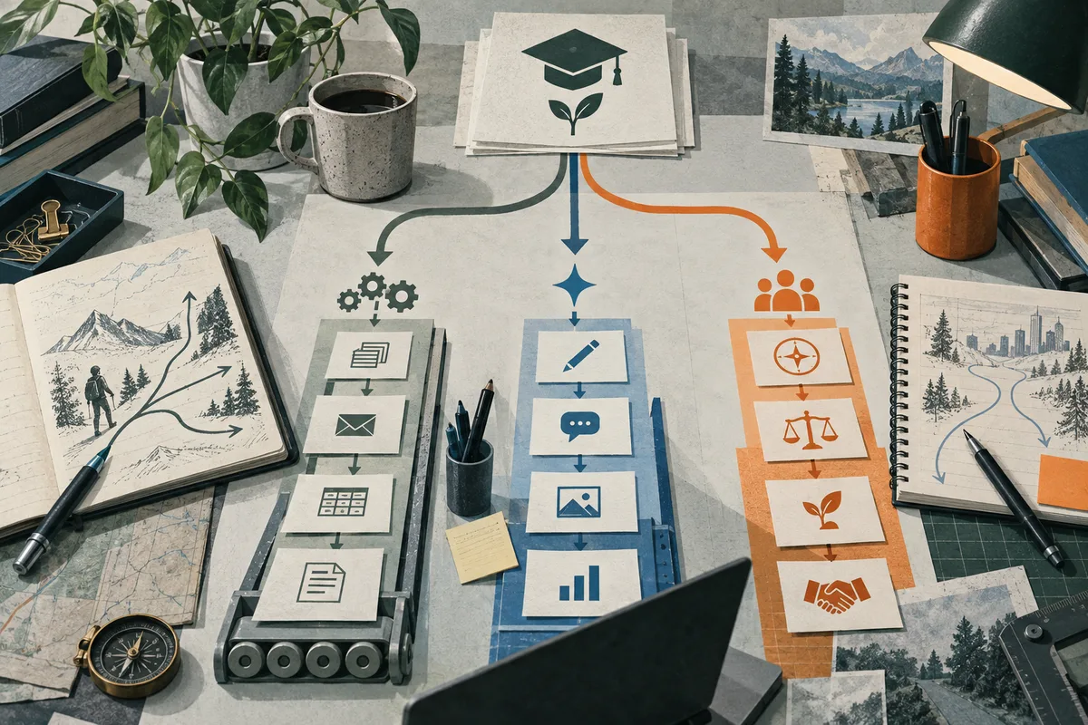 An illustrated desk holds notebooks, papers, a mug, and pens around three branching pathways of icon cards in green, blue, and orange.
