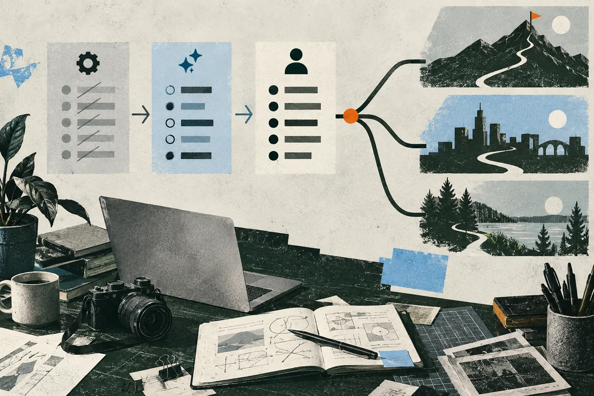 A laptop, camera, coffee cup, books, notebook, photographs, and pens sit on a desk beneath three illustrated lists leading to mountain, city, and forest scenes.