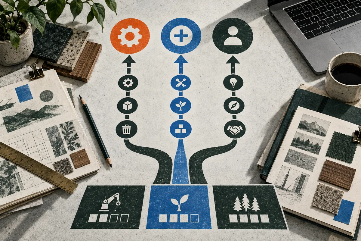 Three colored diagram paths rise from illustrated work panels toward circles containing a gear, a plus sign, and a person icon, surrounded by design materials, a laptop, and coffee.