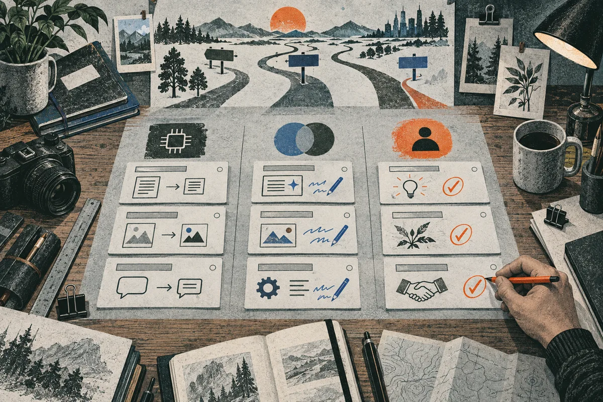 Three columns of illustrated cards sit below a landscape with branching roads; a hand marks orange check circles beside the right column on a desk with a camera, books, lamp, and coffee.