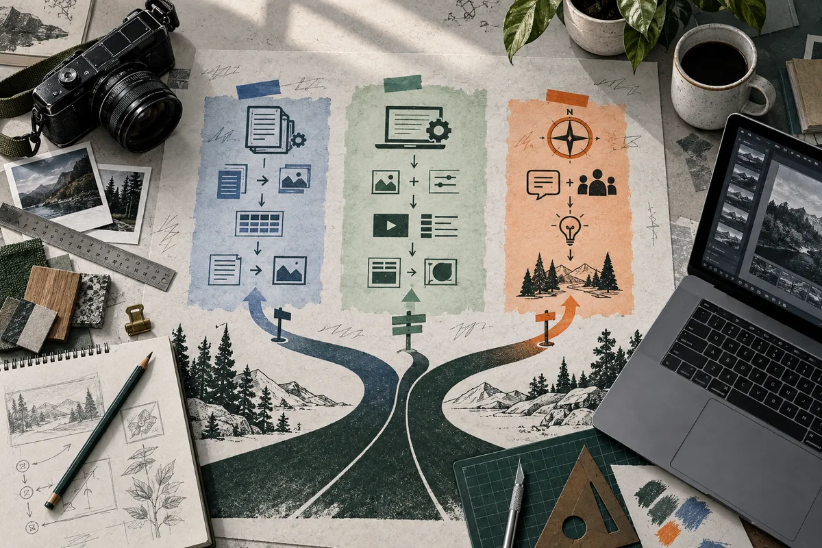 Three colored illustrated process sheets sit above roads that branch through a mountain landscape, surrounded by a camera, laptop, photographs, sketches, rulers, and drawing tools.