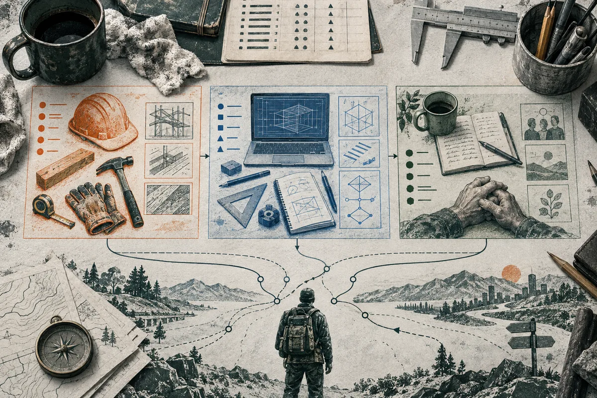 Illustrated workbench with a hard hat, laptop, notebook and work tools arranged in three panels above a branching mountain path, where a backpacked figure stands at a junction.
