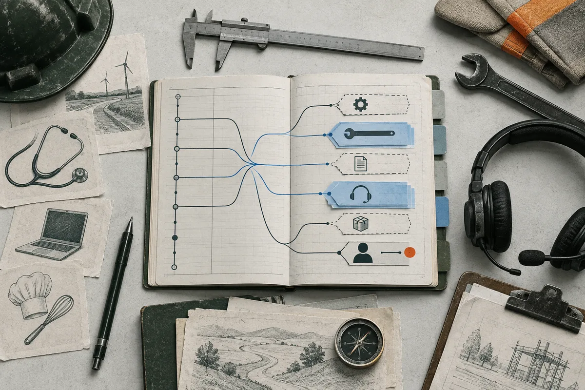 Open notebook with lines branching toward icons for a gear, wrench, document, headset, box and person, surrounded by assorted work tools, a laptop, stethoscope and compass.