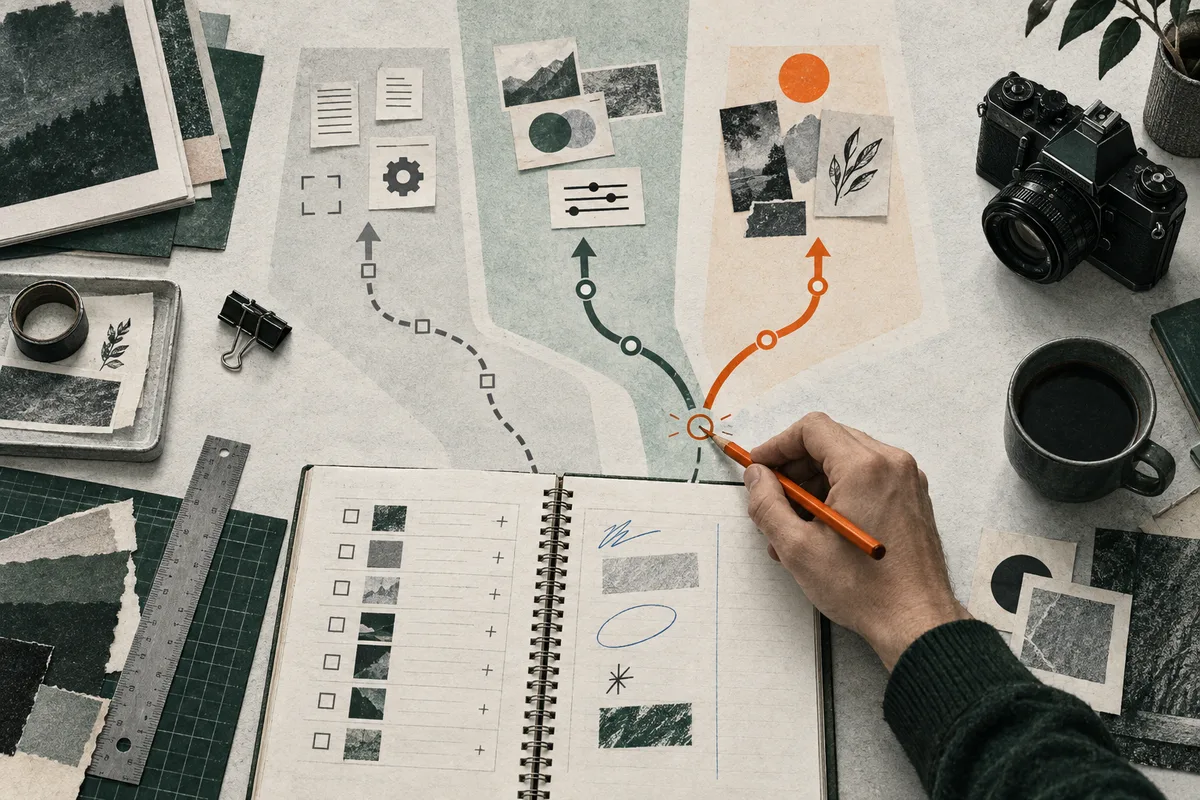 Overhead view of a desk with an open sketchbook, three branching paths made of paper cards and arrows, a hand holding an orange pencil, photographs, a camera, ruler, and coffee cup.