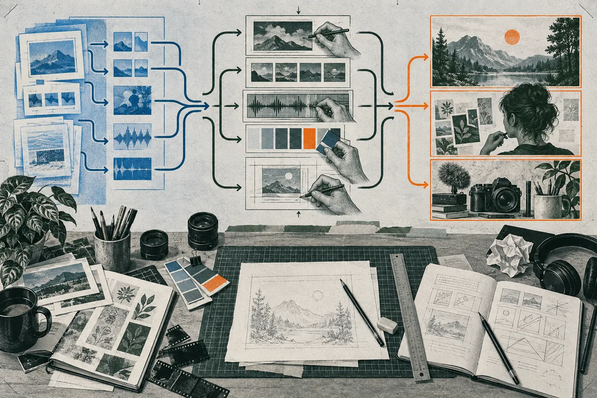 Illustrated desk workflow with blue, green, and orange arrows connecting photographs, audio waveforms, color swatches, hands editing sketches, framed landscape images, a camera, and drawing tools.
