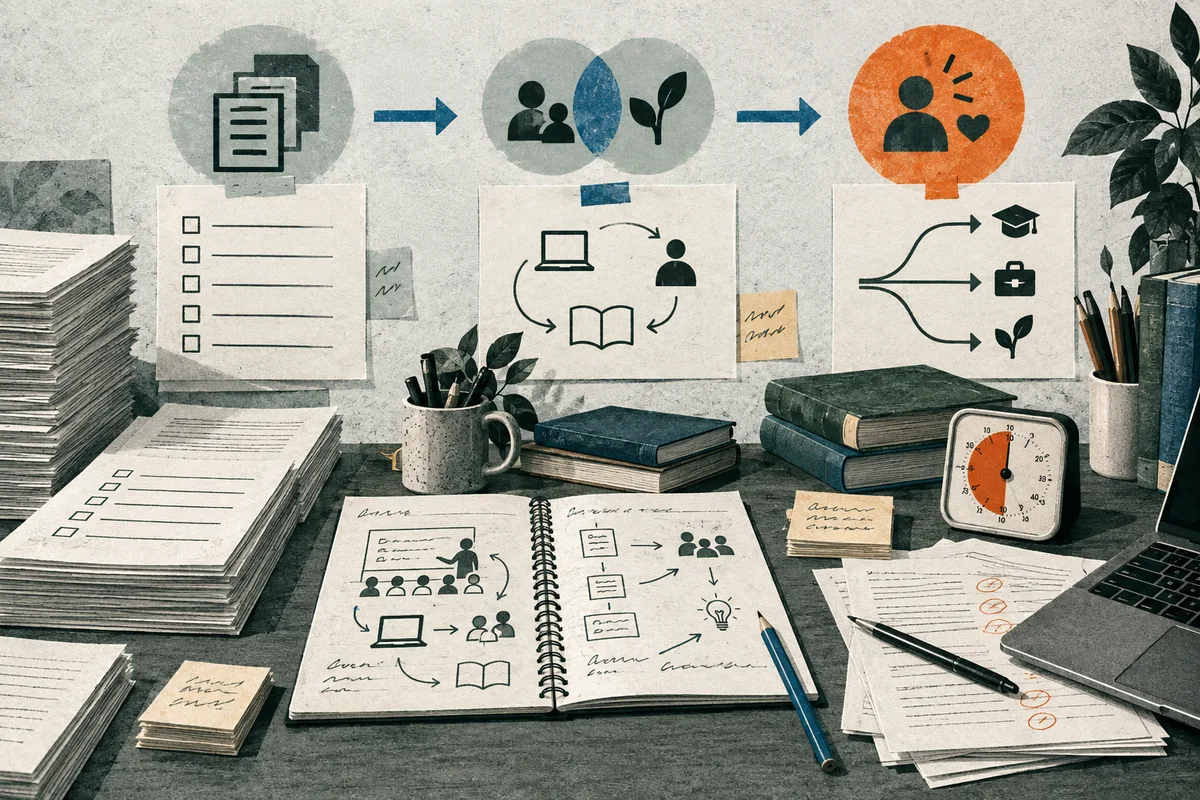 A desk covered with stacked papers, notebooks, books, pens, a laptop, and a small clock, with wall diagrams showing documents, people, a plant, and branching arrows.