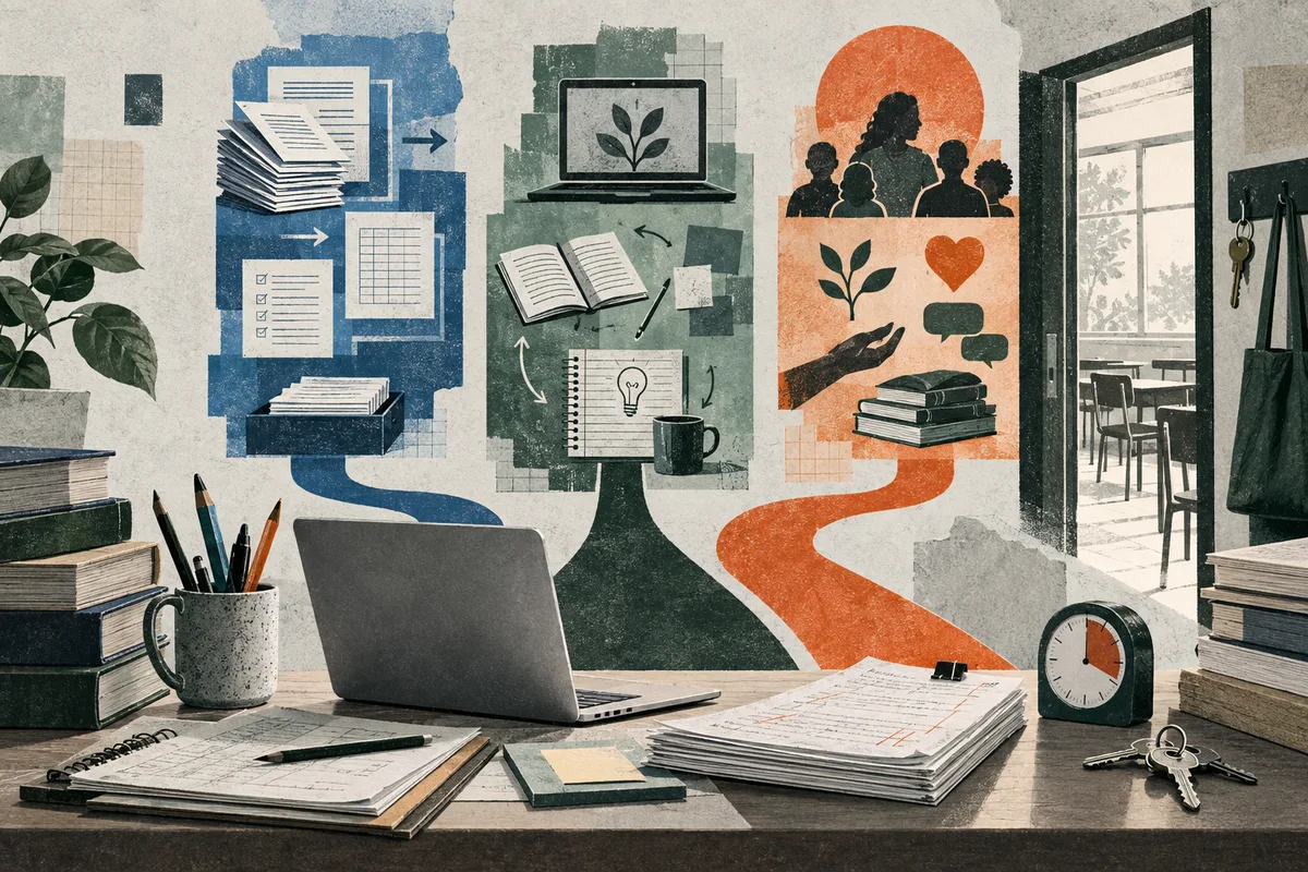 A desk with a laptop, notebooks, papers, pencils, books, a clock, and keys, beneath three illustrated panels connected by blue, green, and orange paths.