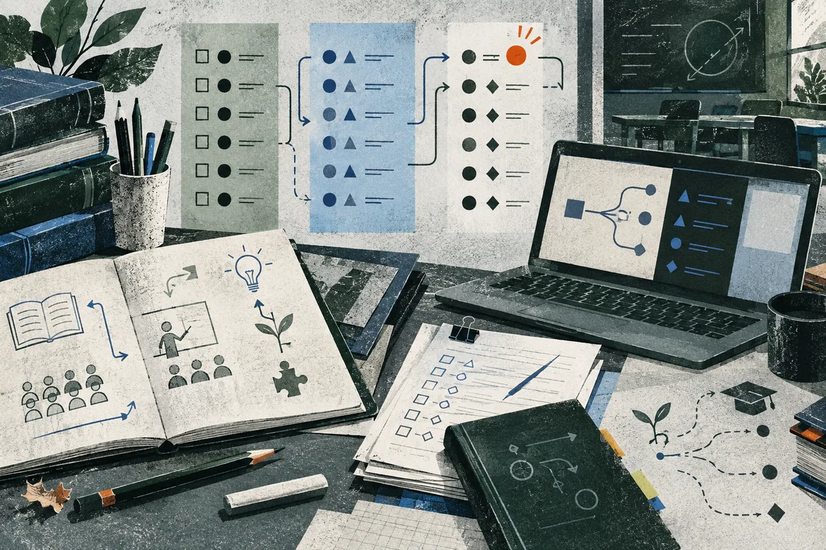 An open illustrated notebook, papers, books, pencils, and a laptop showing diagrams, with three symbol-filled sheets and arrows arranged on the wall behind them.