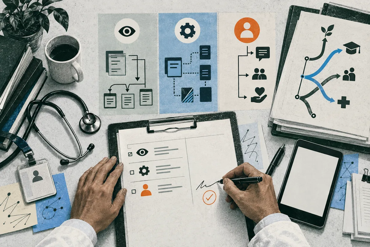 Overhead view of a desk with a stethoscope, coffee cup, tablet, clipboards, branching arrow diagrams, and two hands writing on a checklist.