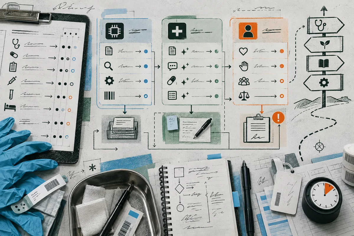 Illustrated workflow spread across a desk, with a clipboard, blue gloves, medical supplies, colored columns of symbols, arrows, and a signpost diagram.