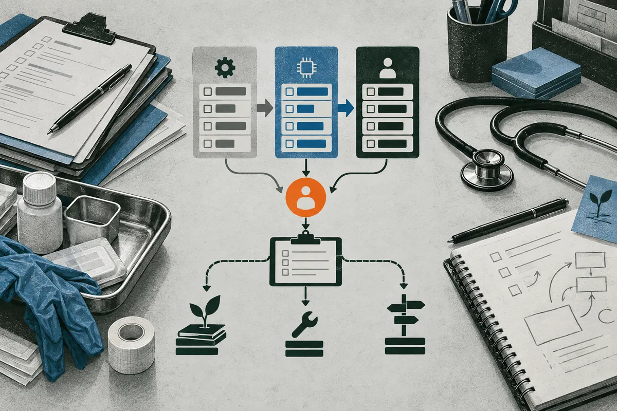Desk scene with three checklist panels linked by arrows to an orange person symbol and a clipboard, branching toward plant, wrench, and signpost icons beside medical tools.