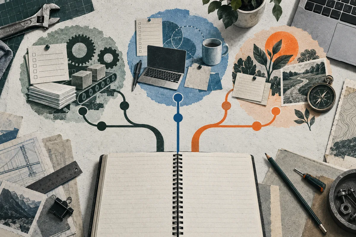 An open notebook sits beneath three branching paths linking a conveyor belt and gears, a laptop and papers, and a plant with a compass; tools, sketches, and a cup surround the scene.