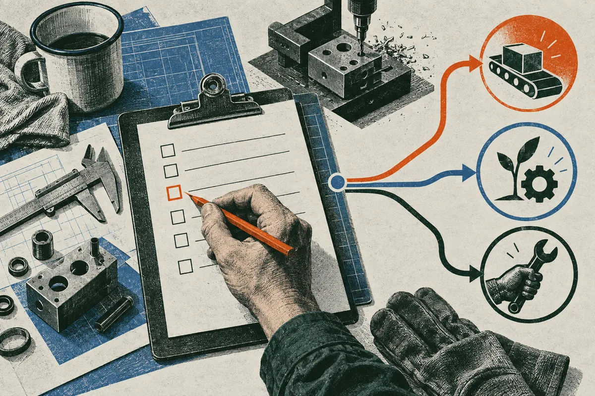 A hand marks a checklist with an orange pencil beside a drill press; colored paths lead to icons of a conveyor belt, a plant with a gear, and a hand holding a wrench.