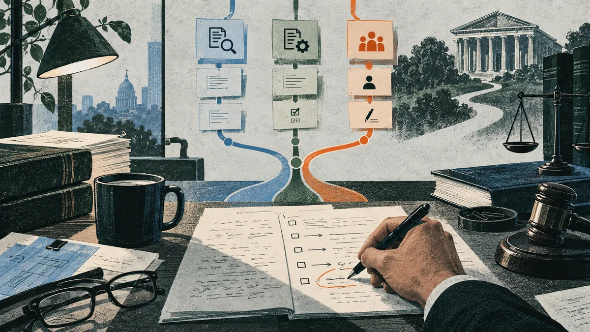 Illustration of a desk with an open checklist, a hand writing with a pen, books, glasses, a lamp, balance scales, and a courthouse beyond branching blue, green, and orange paths.