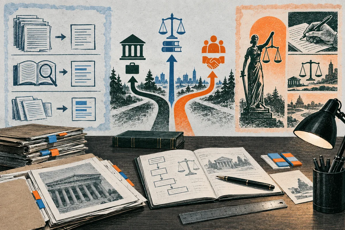 Illustration of a desk covered with legal papers and books, with wall panels showing documents, arrows, balance scales, a courthouse, a handshake, and a statue holding scales.