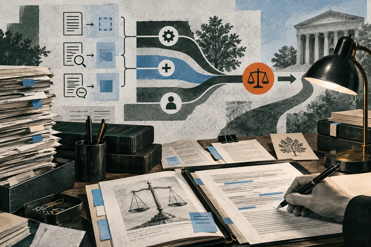 Illustration of a desk with stacked files, marked documents, a hand writing, and a wall diagram routing document icons through gear, plus, and person symbols toward balance scales and a courthouse.