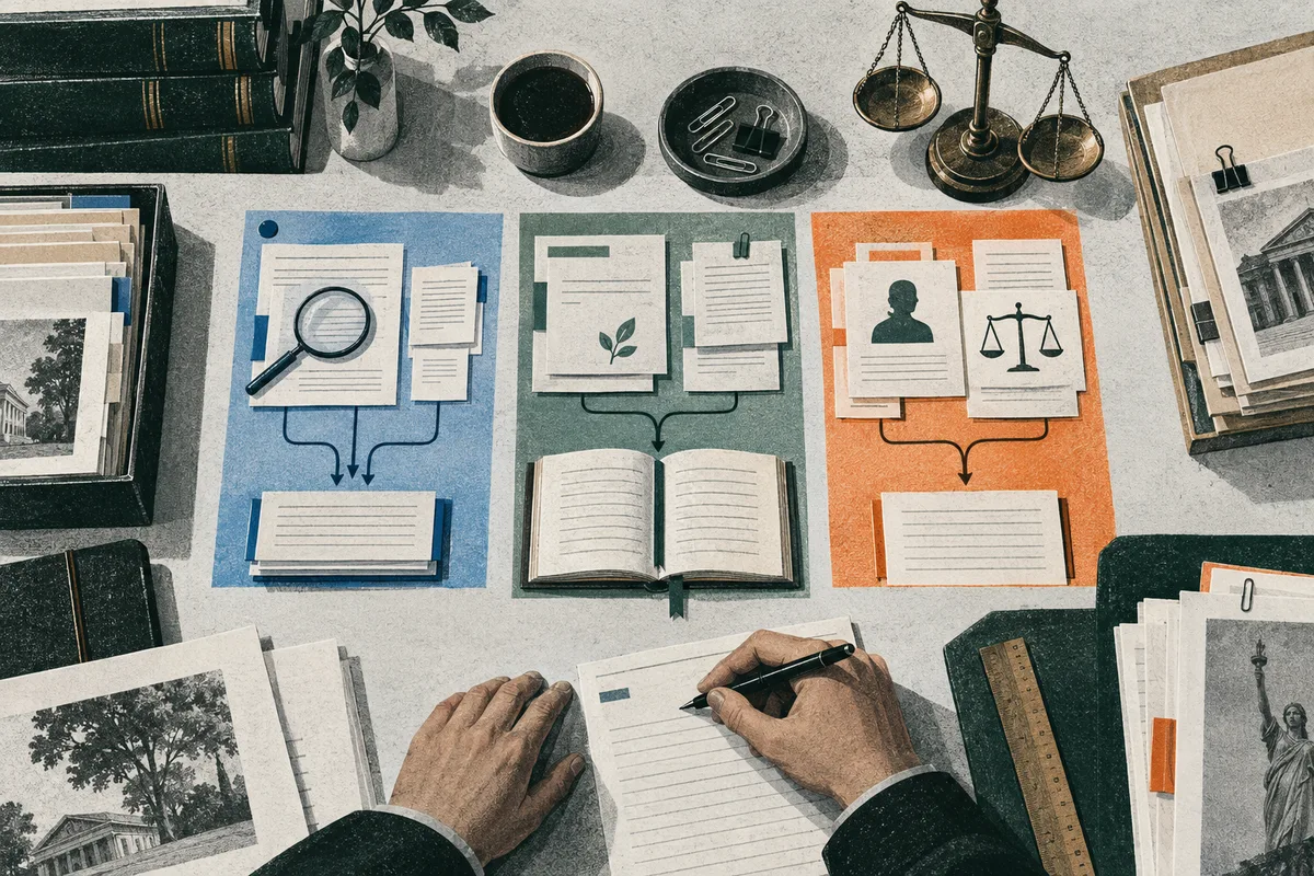 Overhead illustration of a desk with grouped blue, green, and orange document layouts, a magnifying glass, an open book, balance scales, a ruler, folders, and hands writing on a page.