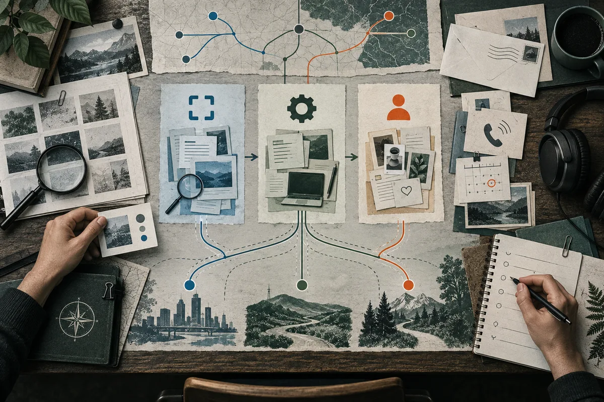 Overhead desk scene with three central paper panels showing documents, a laptop, and people symbols, connected by blue, green, and orange branching lines on a map; photographs, a magnifying glass, headphones, coffee, and hands writing surround the papers.