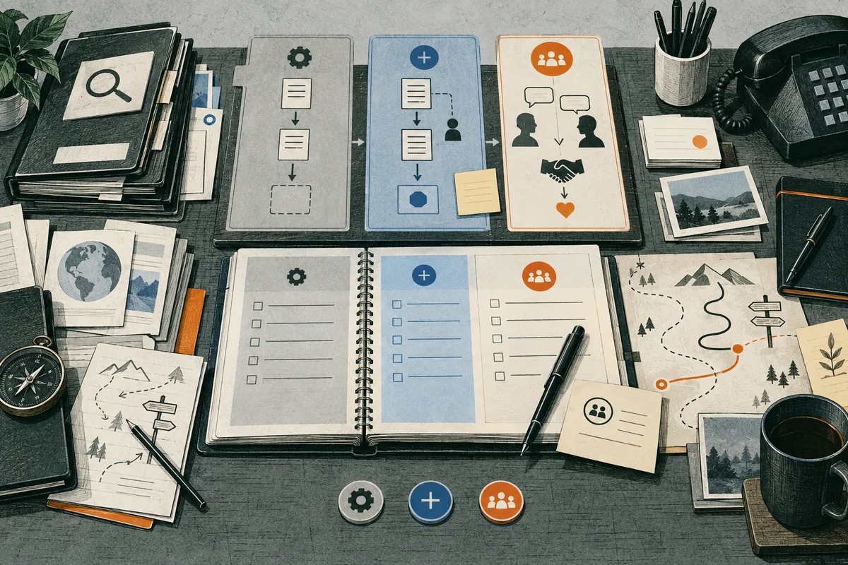 Overhead workspace with three illustrated cards showing documents, a plus symbol, speech bubbles, silhouettes, a handshake, and a heart; an open checklist notebook, maps, photographs, a telephone, a compass, pens, and coffee sit around them.