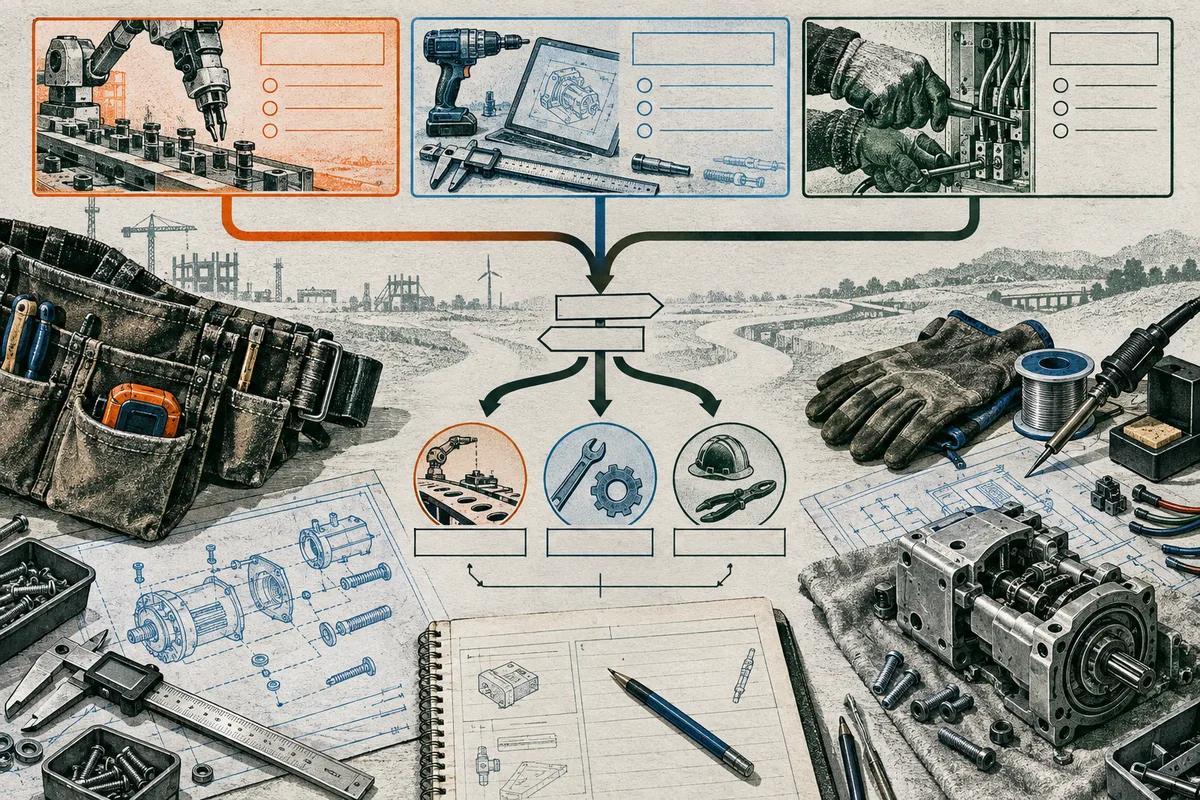 Illustrated workshop scene with a robotic arm, power drill, hand tools, gloves, mechanical parts, technical drawings, and a notebook connected by colored arrows to circular tool and equipment diagrams.