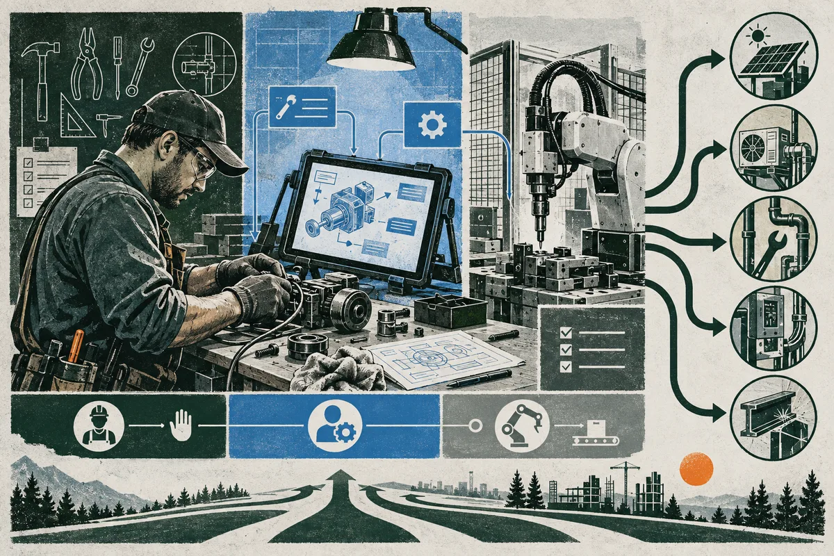 Illustrated workbench scene showing a person using tools beside a tablet with a mechanical drawing, a robotic arm handling parts, equipment diagrams, and branching arrows leading to small industrial scenes.