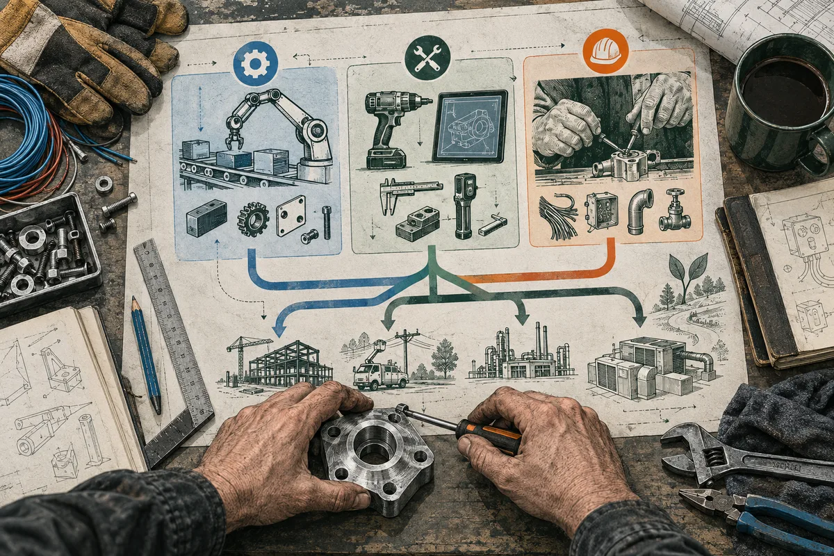 Top-down illustrated workbench with gloves, wires, bolts, rulers, a coffee mug, and tools around a sheet showing a robotic arm, workshop tools, hands assembling a part, and industrial buildings linked by colored arrows.