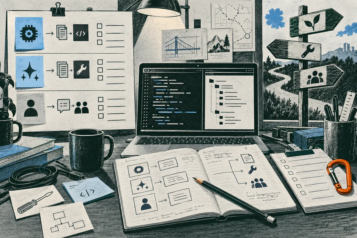 Overhead editorial collage with a laptop showing code and a list, open notebooks with diagrams, icon cards, a coffee mug, signposts, and an orange carabiner on a desk.