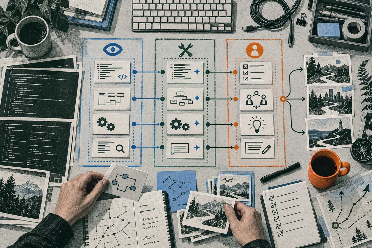 Overhead desk scene with code printouts, a keyboard, three colored columns of icons connected by arrows, hands holding diagram and landscape cards, checklists, a coffee cup, and a compass.