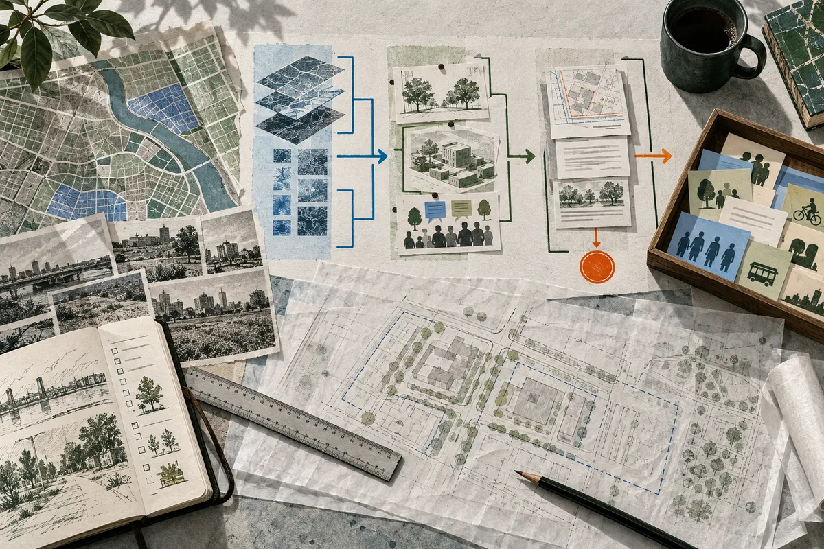 Maps, planning sketches, photographs, and a notebook surround a diagram linking map layers, consultation sketches, and approval papers.
