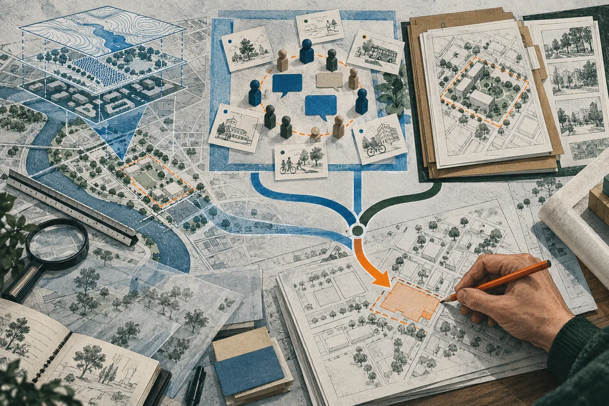 Layered city maps and planning sketches show map layers, a circle of small figures with speech bubbles, and a hand marking a site plan.