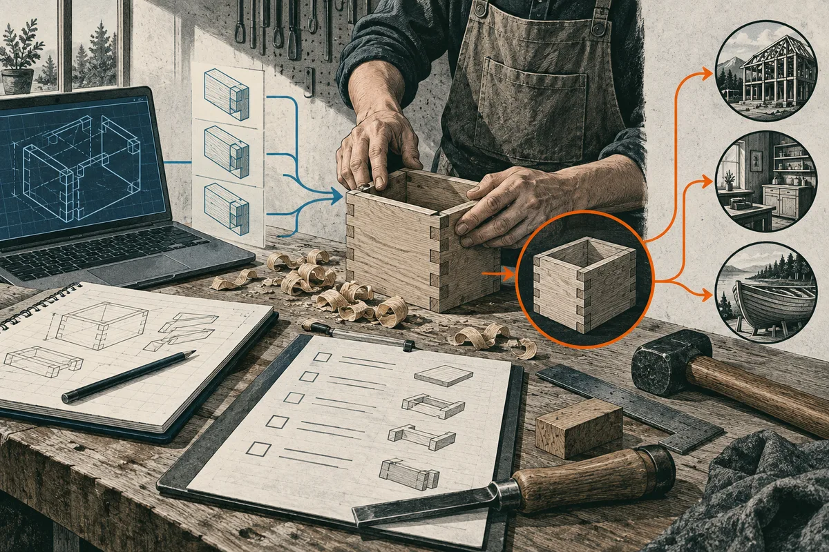 A person in an apron fits together a wooden box at a workbench covered with tools, plans, and a laptop diagram; orange arrows connect the box to drawings of a house, kitchen, and boat.