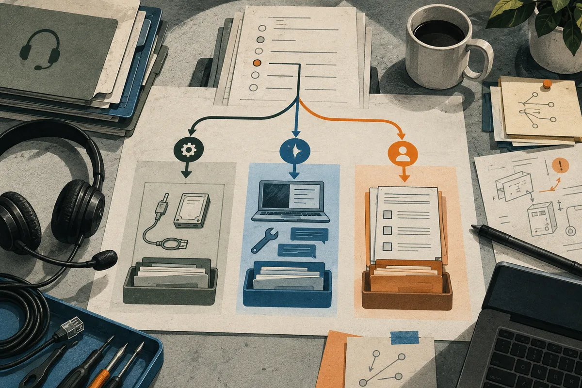 Illustrated desk with a branching diagram leading to three work areas: cables and a handheld device, a laptop and tool, and a checklist. Headphones, papers, a mug, folders, and a plant surround them.