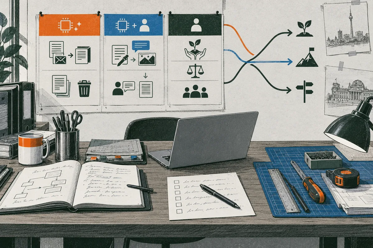 An illustrated desk with an open laptop, notebook, tools and a wall of task diagrams showing document, person and plant icons connected by branching arrows.