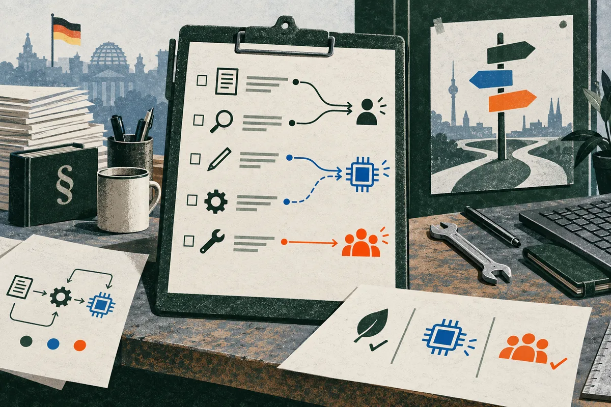 An illustrated clipboard with task symbols and arrows leading to a person, a blue chip and a group; papers, books, tools and a signpost surround it against a city skyline.