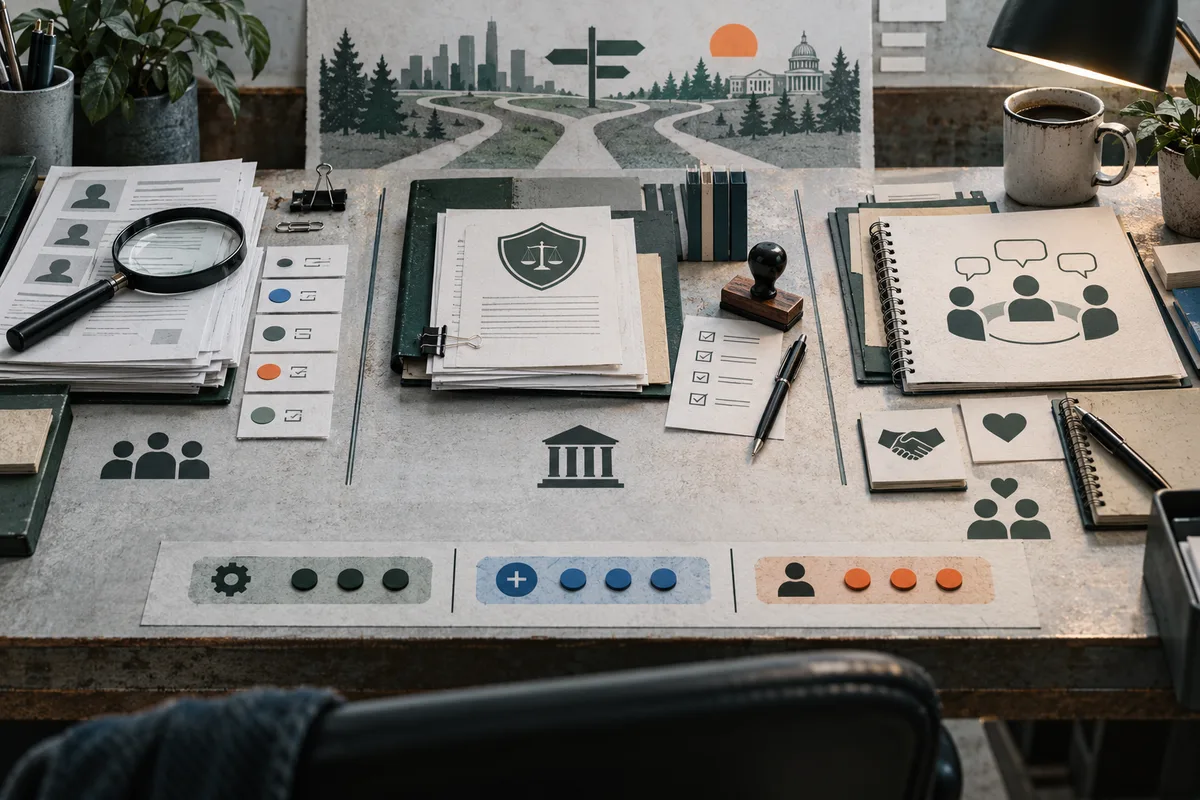 A desk holds stacks of papers with profile icons, a magnifying glass, a shield with scales, checklists, and a notebook with people symbols. Behind them, a branching path leads toward a city and domed building; three colored groups of icons line the desk’s edge.
