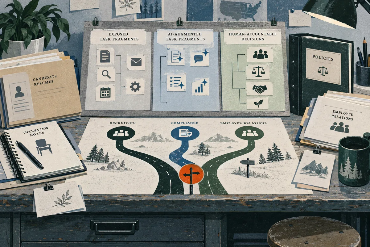 Three pinned panels show document, message, chart, people, scales, handshake, and plant icons beneath headings for exposed tasks, AI-augmented tasks, and human-accountable decisions. Below, three labeled roads for recruiting, compliance, and employee relations branch from an orange sign. Folders and interview notes sit around the display.