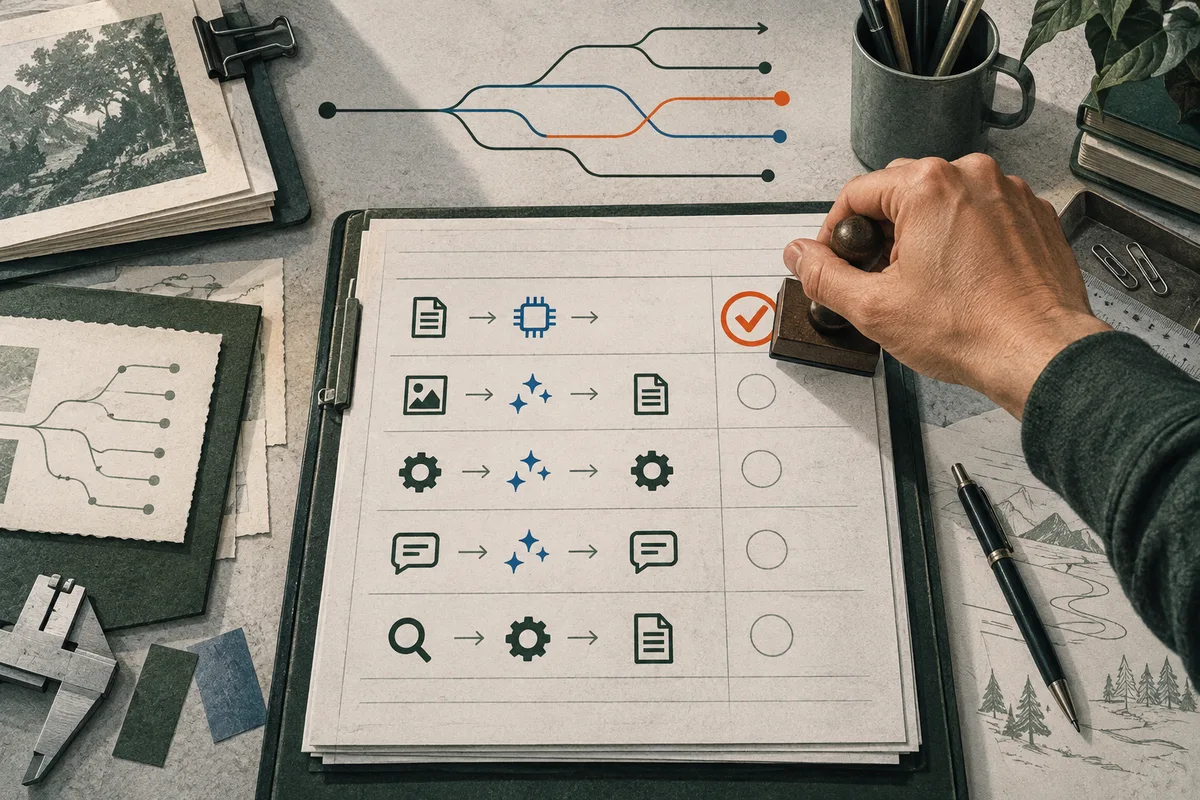 A hand presses a stamp beside an illustrated checklist of work steps, with branching lines and papers spread across a desk.