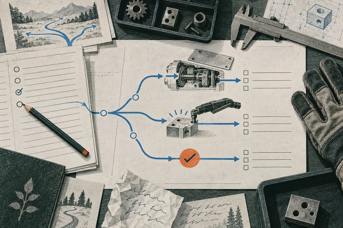 A checked paper list connects by branching blue arrows to two mechanical devices and an orange check mark, surrounded by tools, sketches, and a gloved hand.